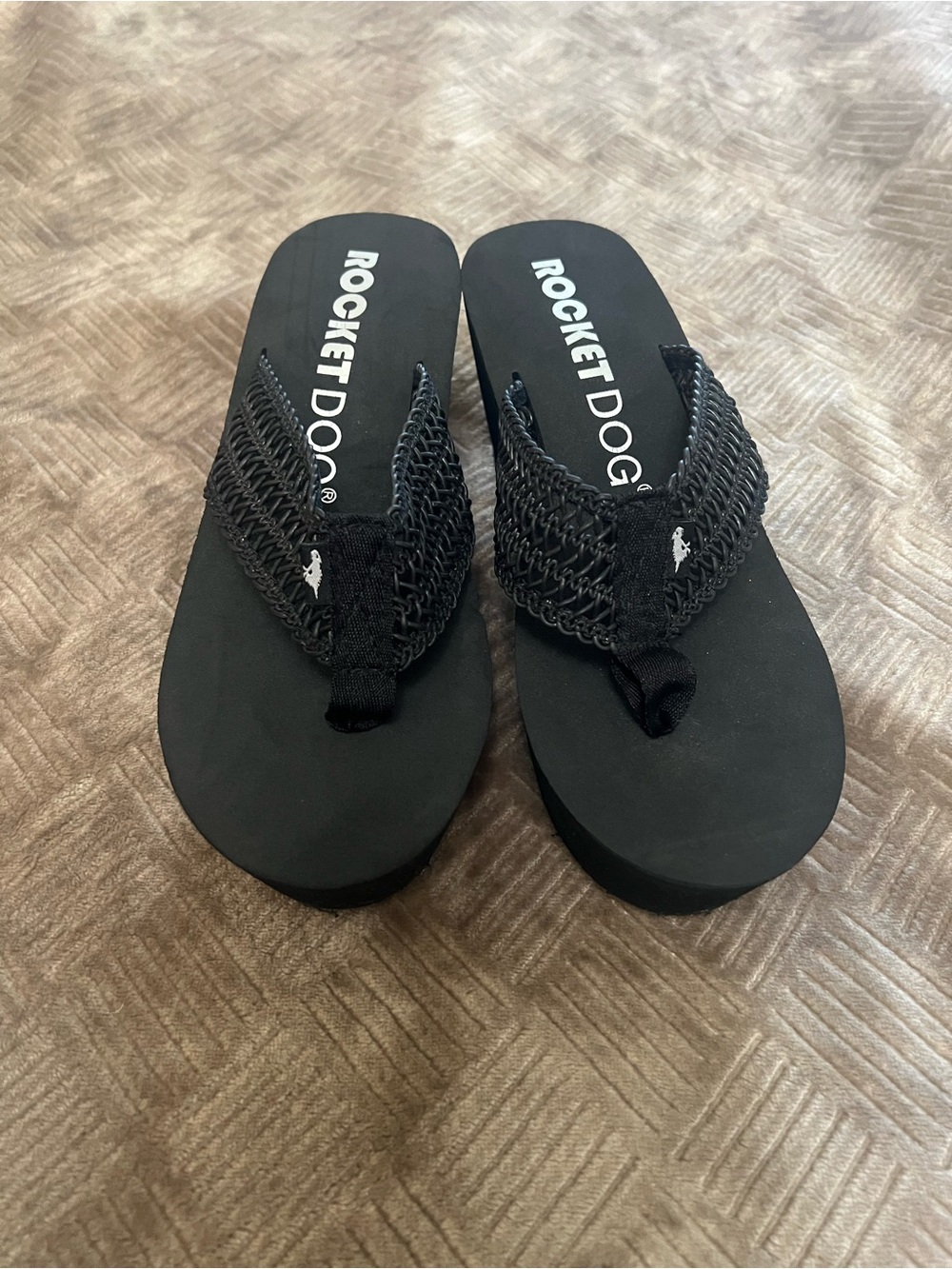 Rocket Dog Black Platform Flip Sandals with Woven Straps